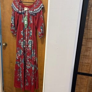 389. FARM Rio Red Maxi Dress with Blue Floral Print